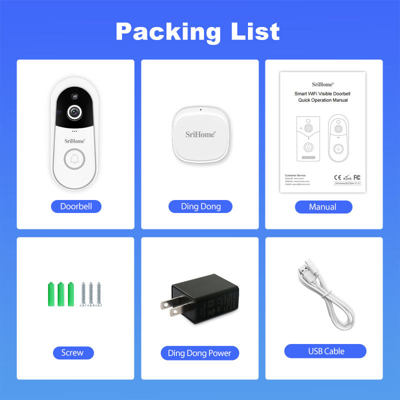 Srihome 4MP WIFI dørklokke Langtidsstandby Visuel videodørtelefon Intercom dørviser med indendørs klokke - LifafaDenmark Aps