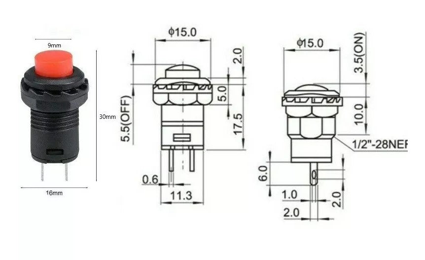 Trykknap ON/OFF switch 12 mm rund låsende SPST til bil, instrumentbræt, båd 12v-250v (Blå) - LifafaDenmark Aps