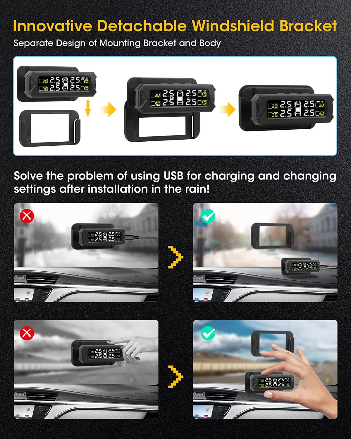 Solar Charger Trådløs Tpms Vinkeljusterbar sikkerheds dæk tryks monitor med 4 sensorer
