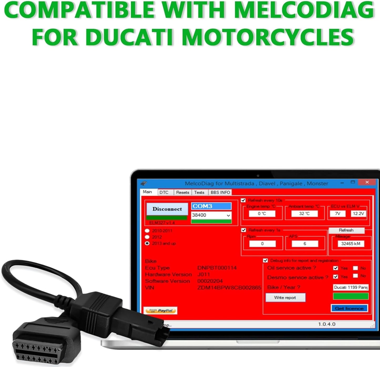 ELM 327 OBD2 USB V1.4 Adapter kabel til JPDiag Melcodiag M3C9 Software med Ducati 4-bens OBD2 Adapter