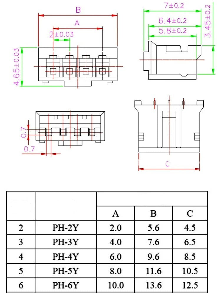 PH2.0 Dupont kabel 1P Hun og han kabler 2, 3, 4, 5, 6 benet 10cm 26AWG jumper ledning - LifafaDenmark Aps