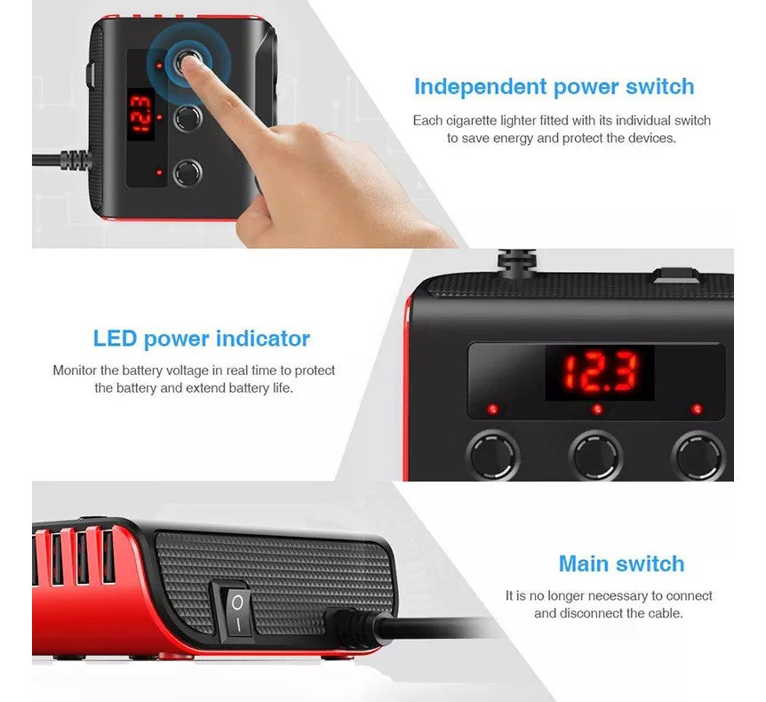 Hurtig opladning 10A Fire USB-biloplader cigarettænder 12V 24V cigarettænderstik med LED strømindikator - LifafaDenmark Aps