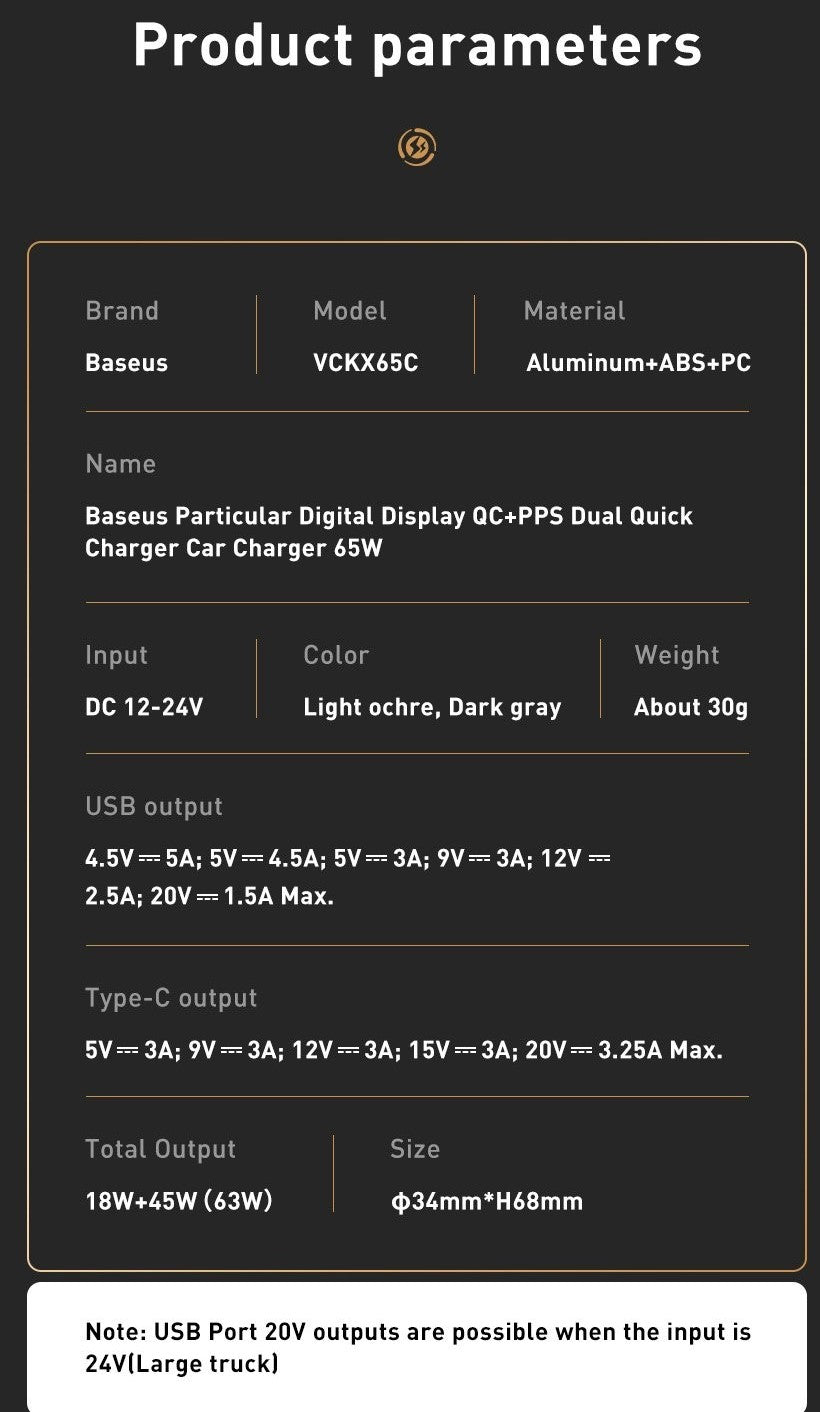 Baeues 65W Fast Car Charger Type-C USB Cigarette Lighter Socket Dual Adapter Kit - LifafaDenmark Aps