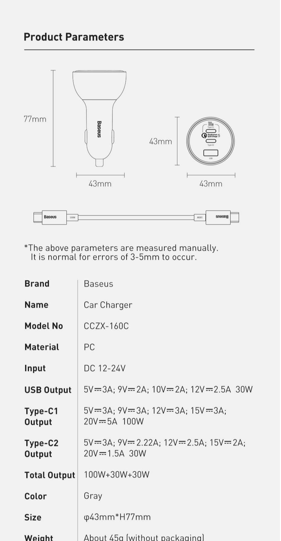 Biloplader 160W Hurtigopladning QC 5.0 Lighter Adapter Til iPhone Laptops + 100W C-Type Cable