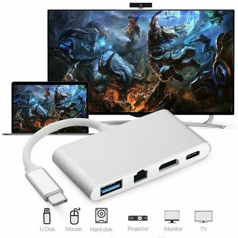 USB C til HDMI 4K + RJ45 Gigabit Ethernet USB 3.1 Type C hub adapter og V8A9 - Lifafa Denmark