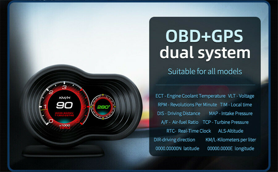 Multifunktionel bil HUD Head-up navigationsskærm Gauge Data Scanner OBD2 GPS