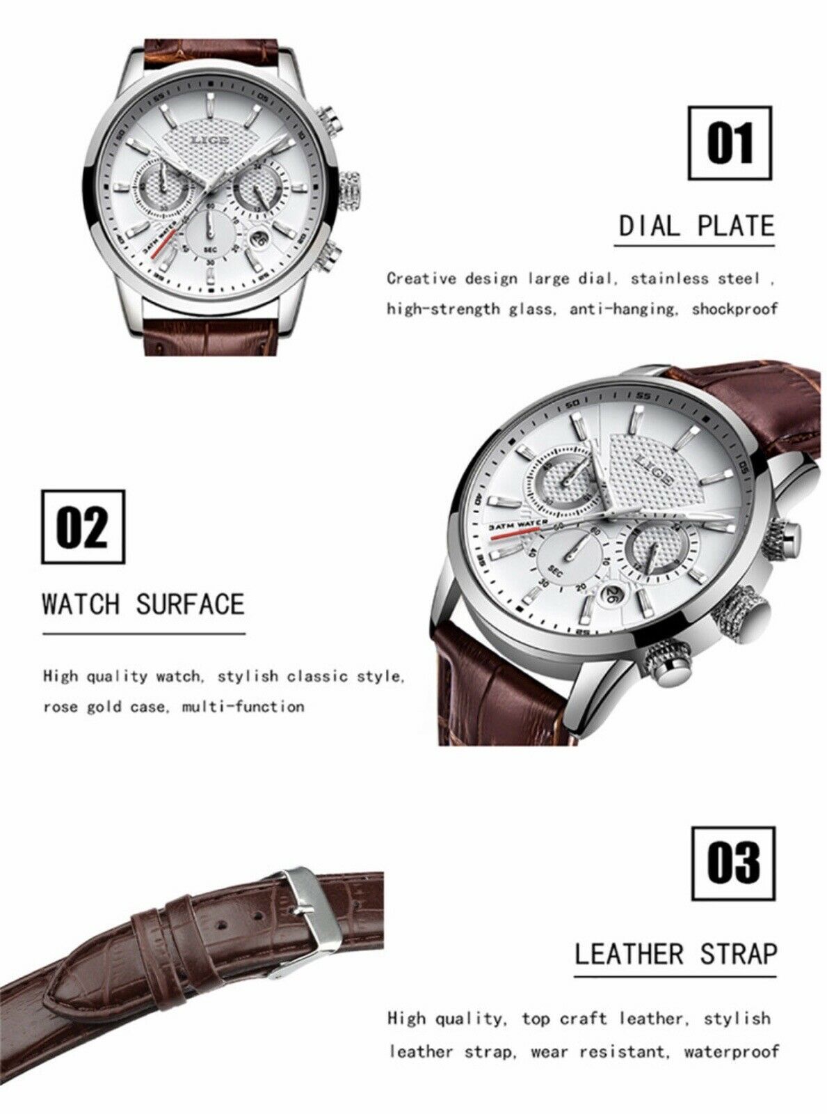 Men's Watch Leather Chronograph Waterproof Date Quartz