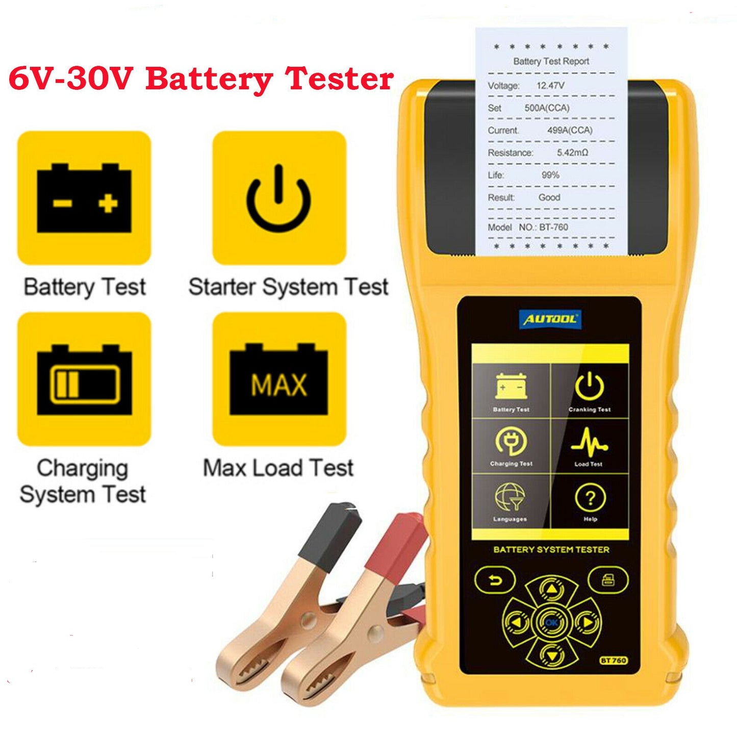 Car Battery Tester with Printer 6V 12V 24V Cranking Charging Load Test Analyzer