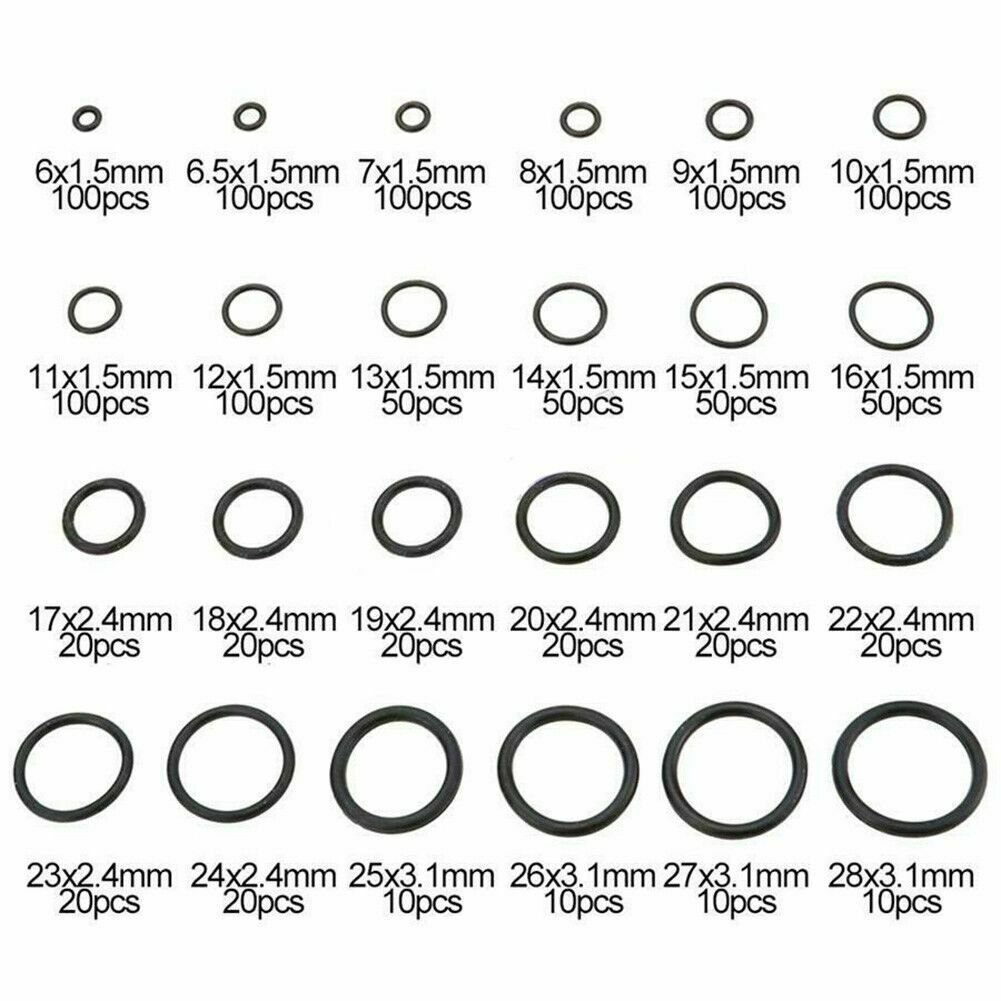 1200 stk sort gummi O-ring sæt biltætningsskiver 1,5 mm 2,4 mm 3,1 mm Sortiment