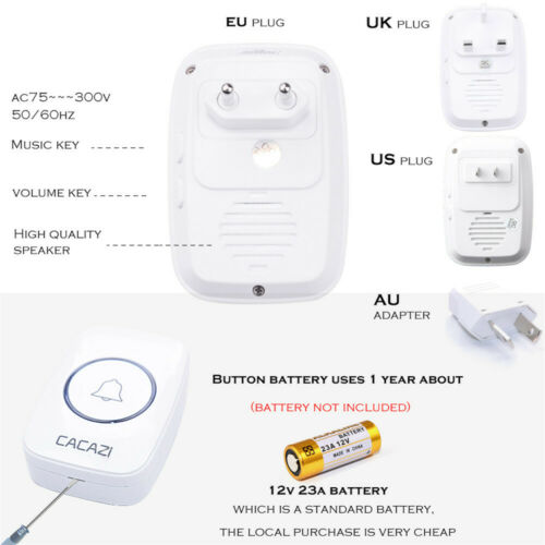Wireless Doorbell Waterproof Door Chime 2 Remote Button+1 Plug-In Receiver White