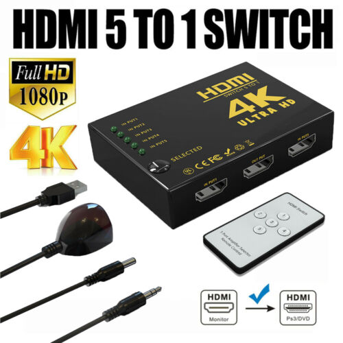 4K HDMI Switch 5 Port Splitter Hub IR fjernbetjening til HDTV