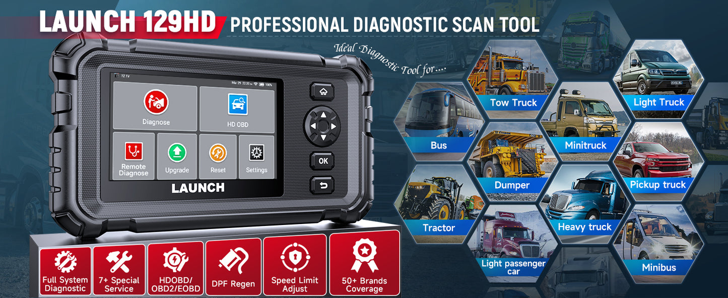 LAUNCH CRP129 HD Heavy Duty Truck Scanner, DPF Regen, Full System Diesel Diagnostic Scan Tool