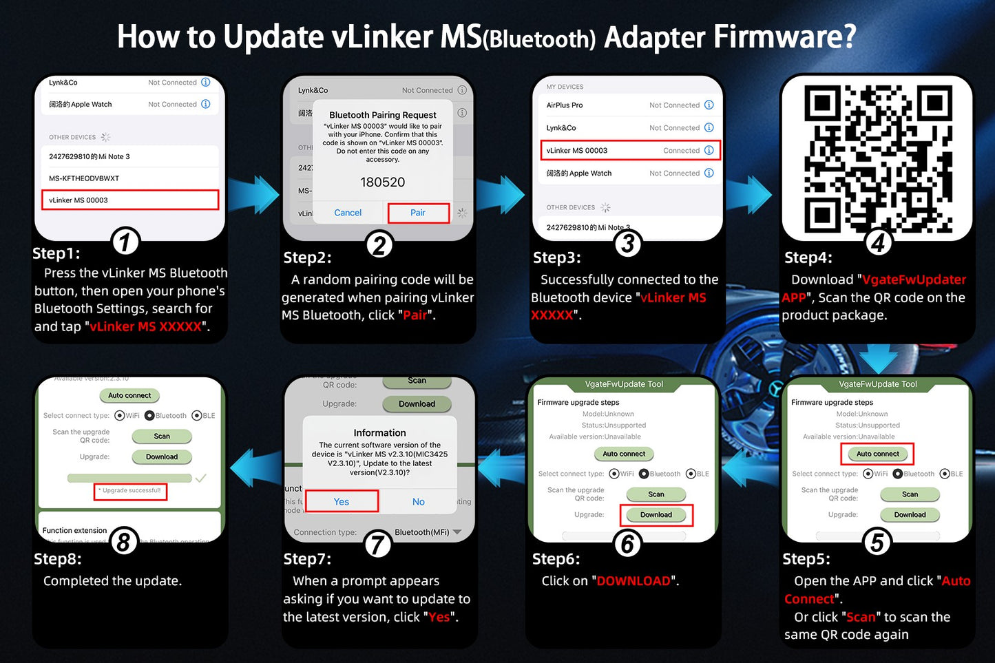 Vgate vLinker MS Bluetooth OBD2 til iPhoneiOS, Android og Windows, understøtter flere CAN-protokoller (GMLAN, MS CAN, CH CAN, LS CAN)