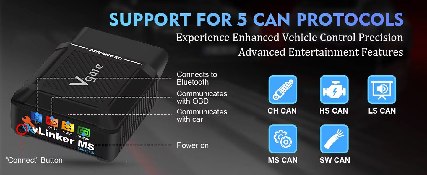 Vgate vLinker MS Bluetooth OBD2 til iPhoneiOS, Android og Windows, understøtter flere CAN-protokoller (GMLAN, MS CAN, CH CAN, LS CAN)