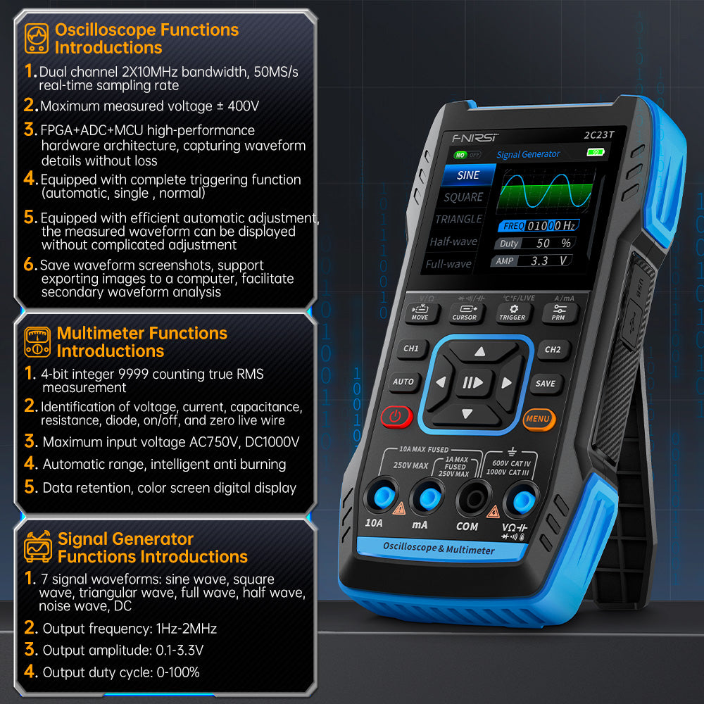 To-kanals 3-i-1 digitalt oscilloskop multimeter Dual CH-funksjonssignalgenerator