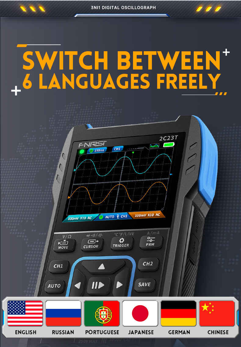 To-kanals 3-i-1 digitalt oscilloskop multimeter Dual CH-funksjonssignalgenerator