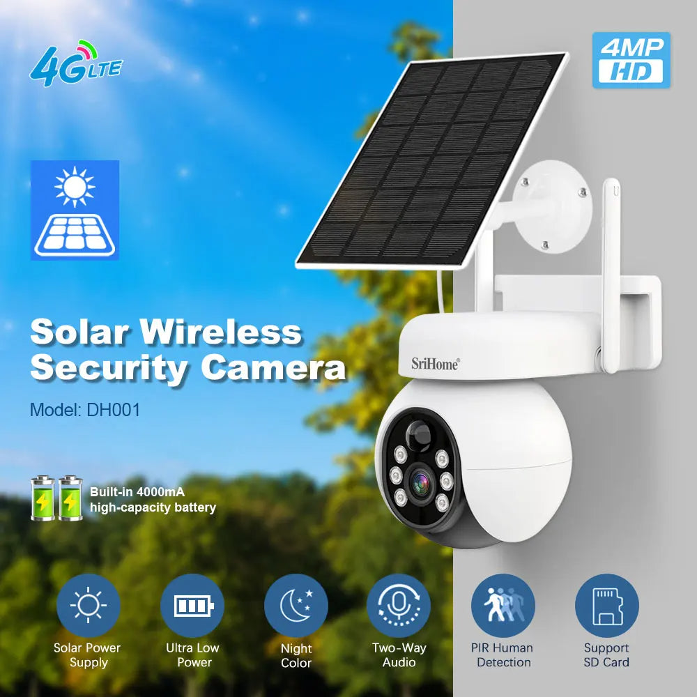 Srihome 4G 4MP 1440P Fuldfarve Solar Power Low Comsunption Kamera AI Humanoid Detection Home Security CCTV - LifafaDenmark Aps