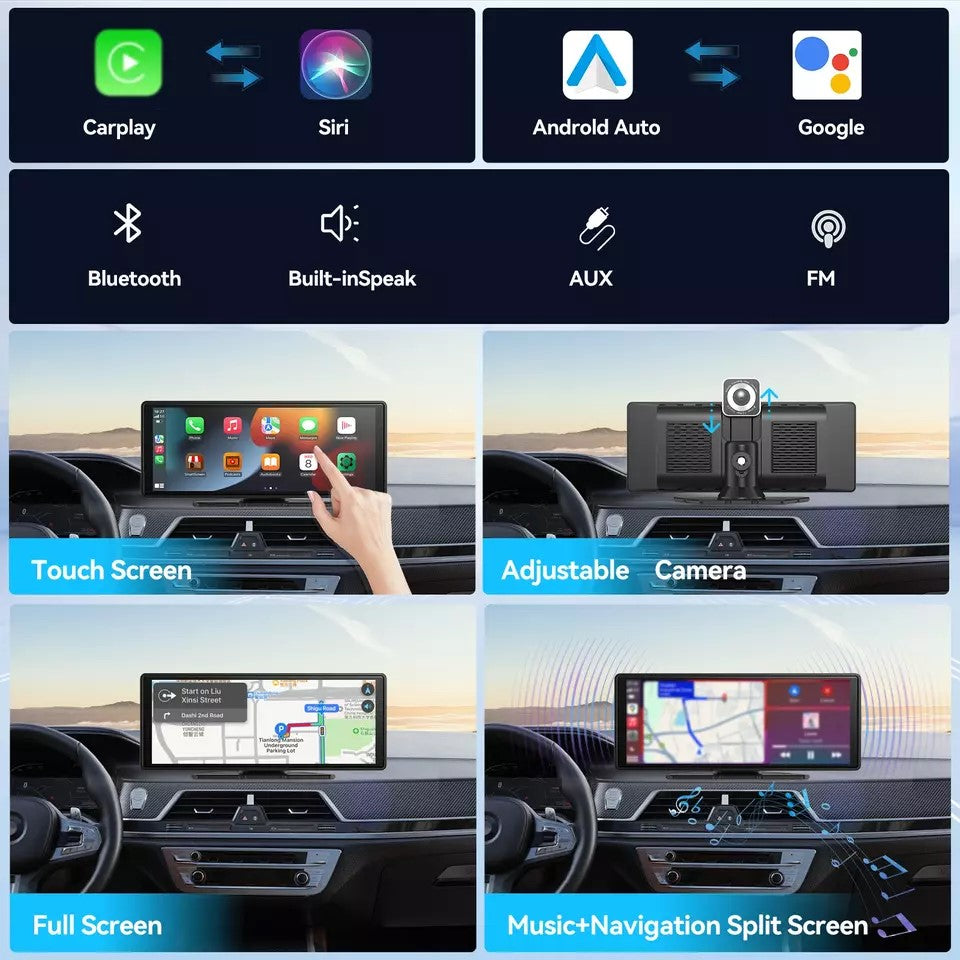 Apple Carplay-skærm til bil, 10,26" HD bærbar bilstereo med touchskærm og trådløs Android Auto, bakkamera - LifafaDenmark Aps