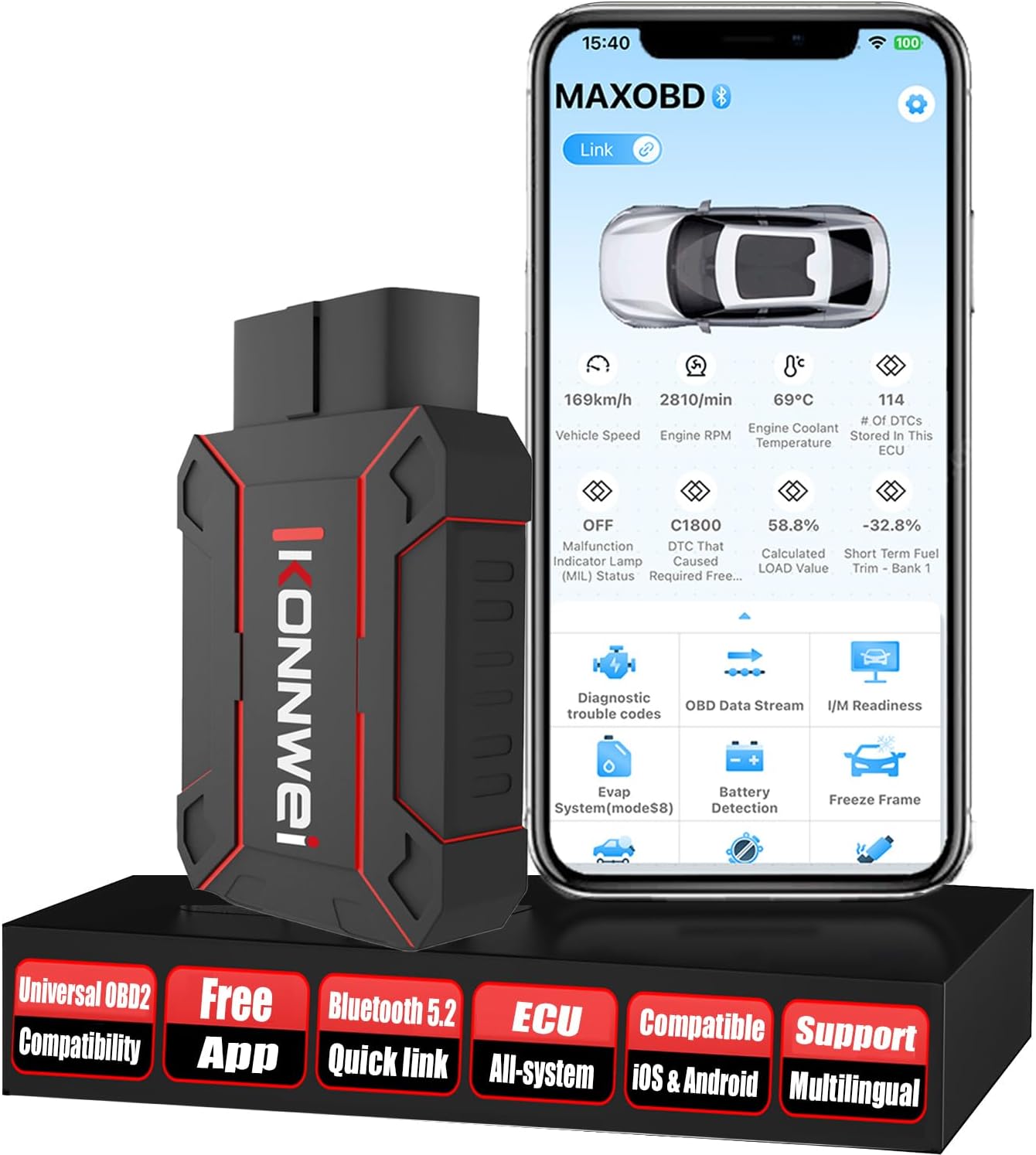 KONNWEI MAXOBD Bluetooth OBD2-scanner til alle køretøjer, bilscanner til alle systeme