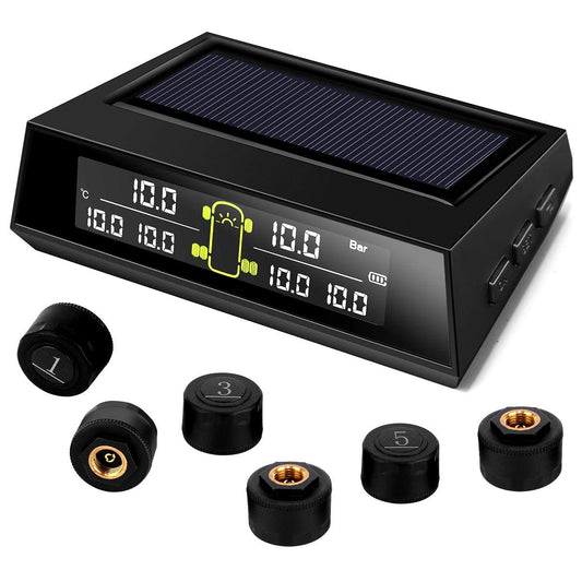 Solar Trådløs TPMS med 6 eksterne sensorer Digital LCD-skærm RV Auto sikkerheds alarm til bil RV Truck Trailer Træk autocamper