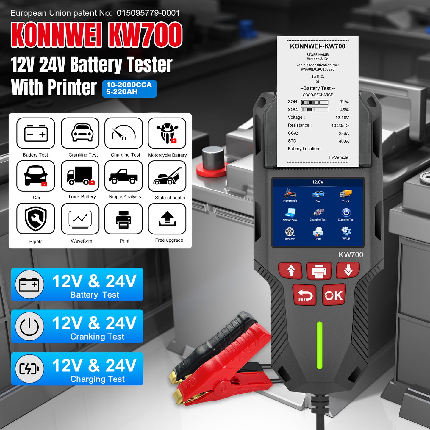 KONNWEI KW700 Professionel 12V 24V Bil batteri tester Indbygget med Printer