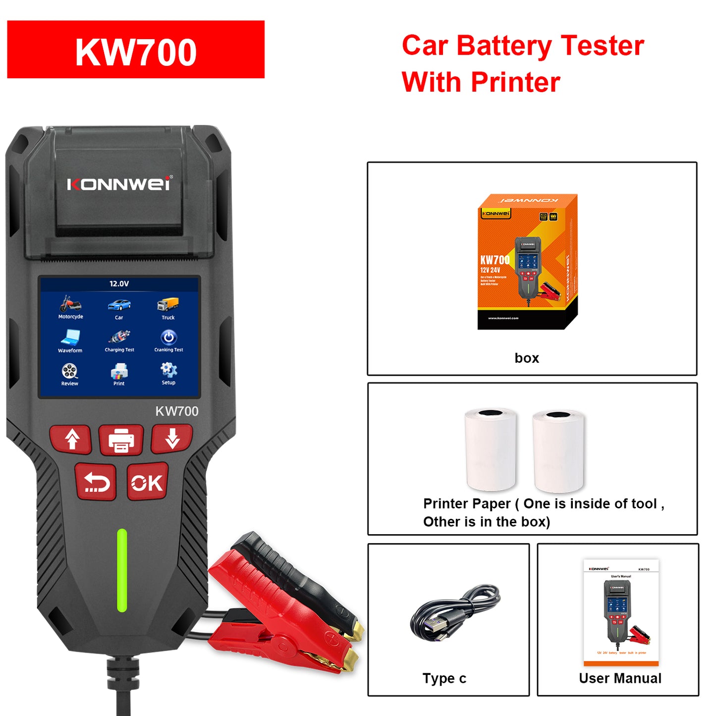 KONNWEI KW700 Professionel 12V 24V Bil batteri tester Indbygget med Printer