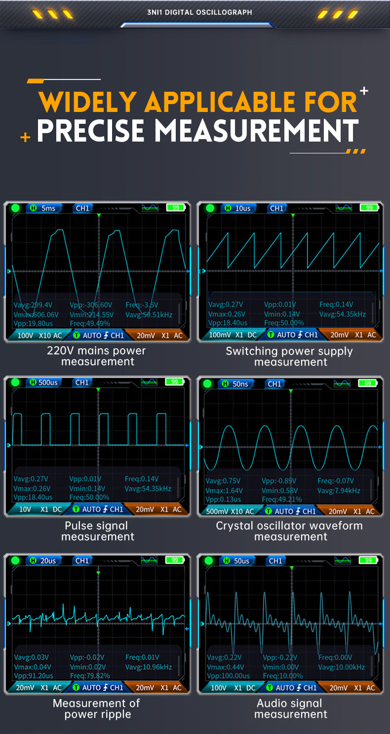 To-kanals 3-i-1 Digital Oscilloskop Multimeter Dual CH Function Signal Generator