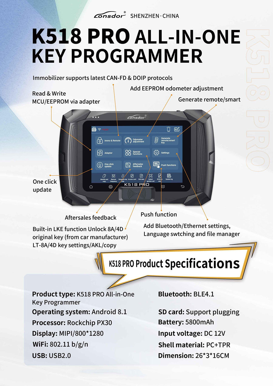 Lonsdor K518 PRO Fuld version Alt-i-en nøgle program 2 års gratis opdatering (Global Version)