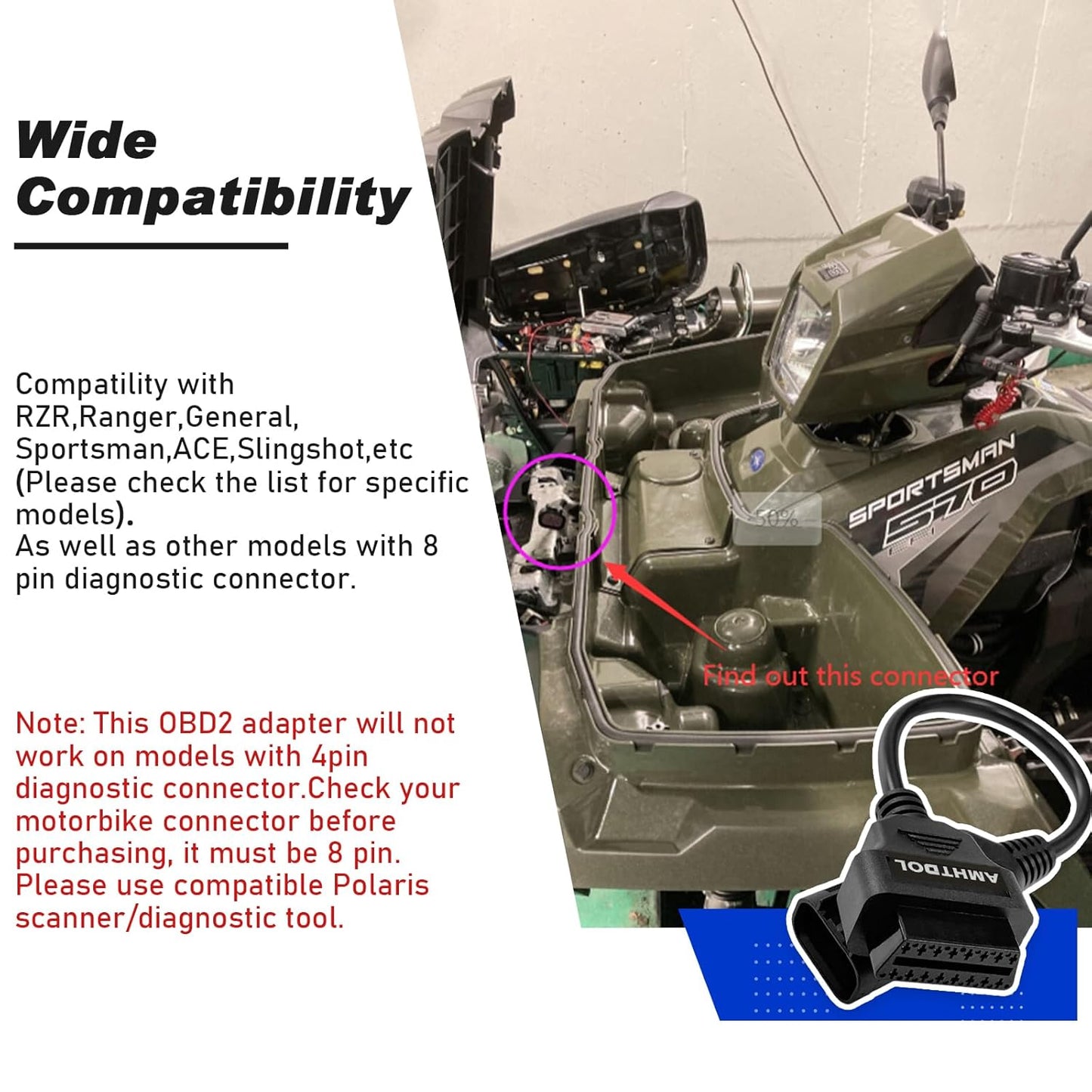 8 bens til 16 bens OBD2-adapter til Polaris RZR XP1000 og Sportsman 570/850