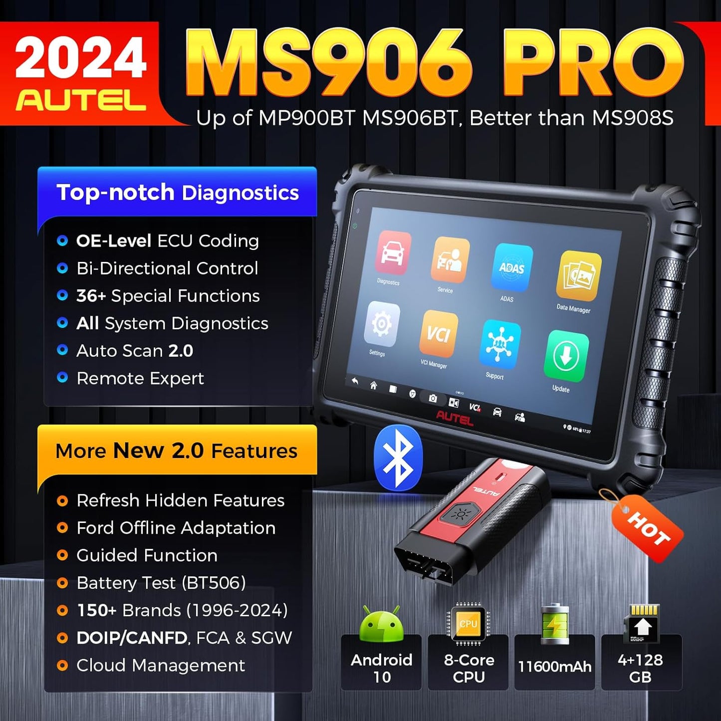 Autel MaxiSys MS906Pro Scan Tool CAN FD & DoIP, ECU Coding, 36+ Services, 3000+Active Test, All System Diagnosis, FCA SGW, Auto Scan 2