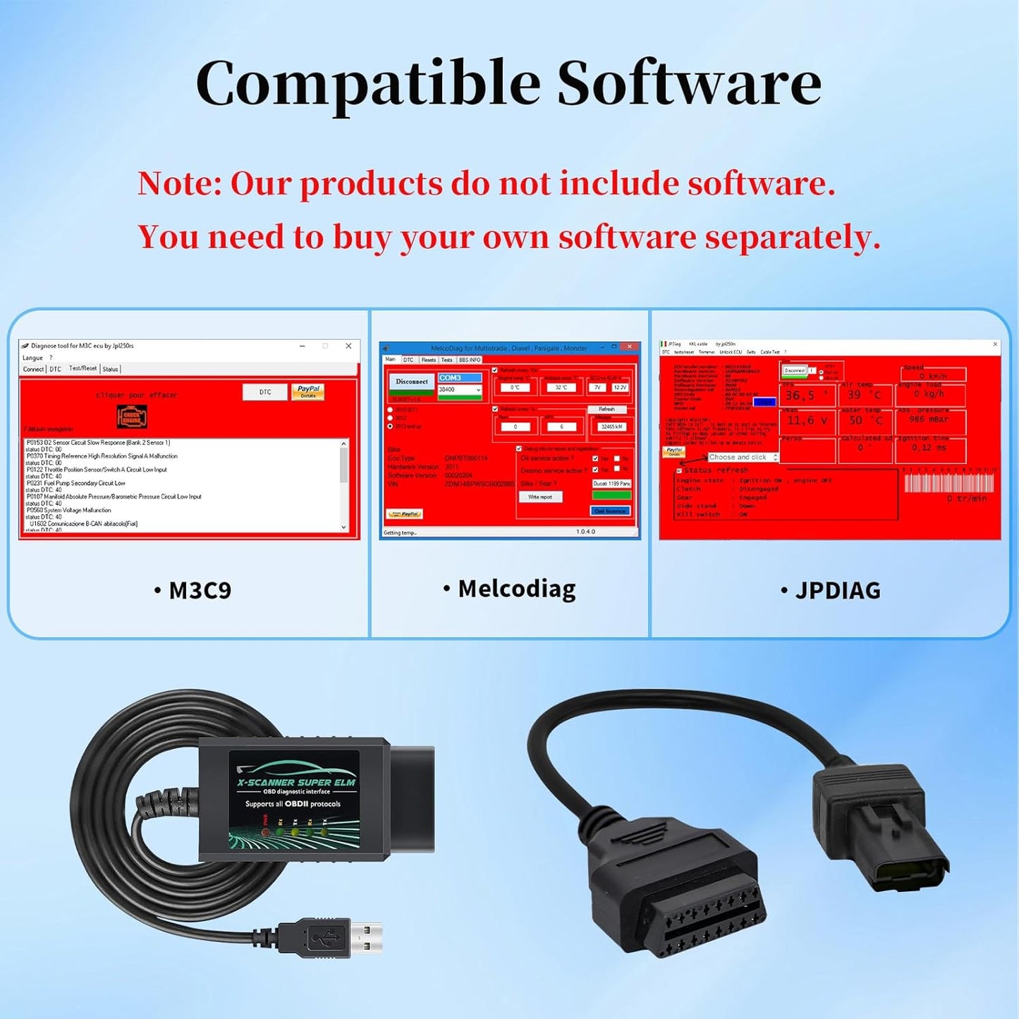ELM 327 OBD2 USB V1.4 Adapter kabel til JPDiag Melcodiag M3C9 Software med Ducati 4-bens OBD2 Adapter