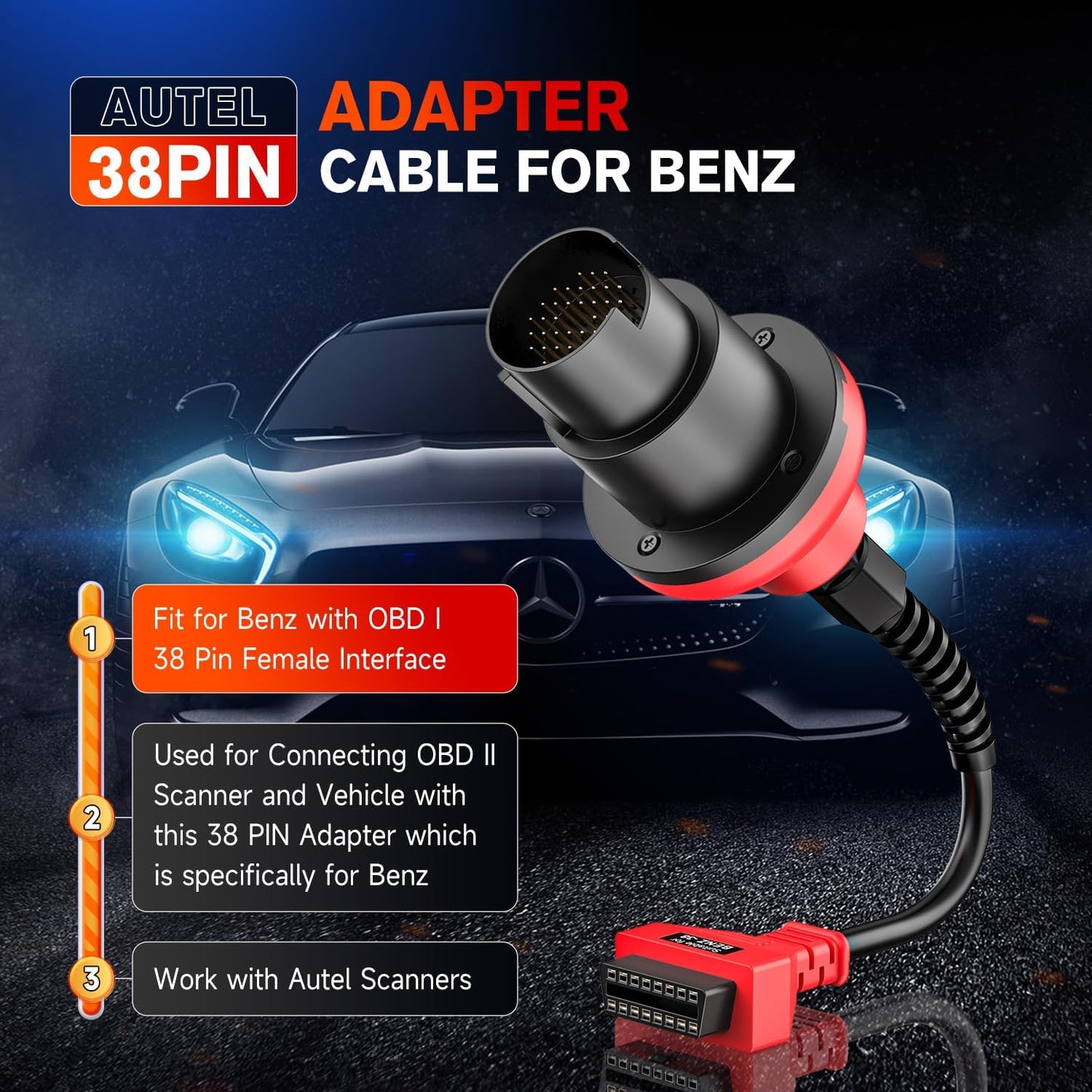 Autel Original BENZ 38 PIN Adapter, 38-pin Han til 16 pin Hun OBDII Stik - LifafaDenmark Aps
