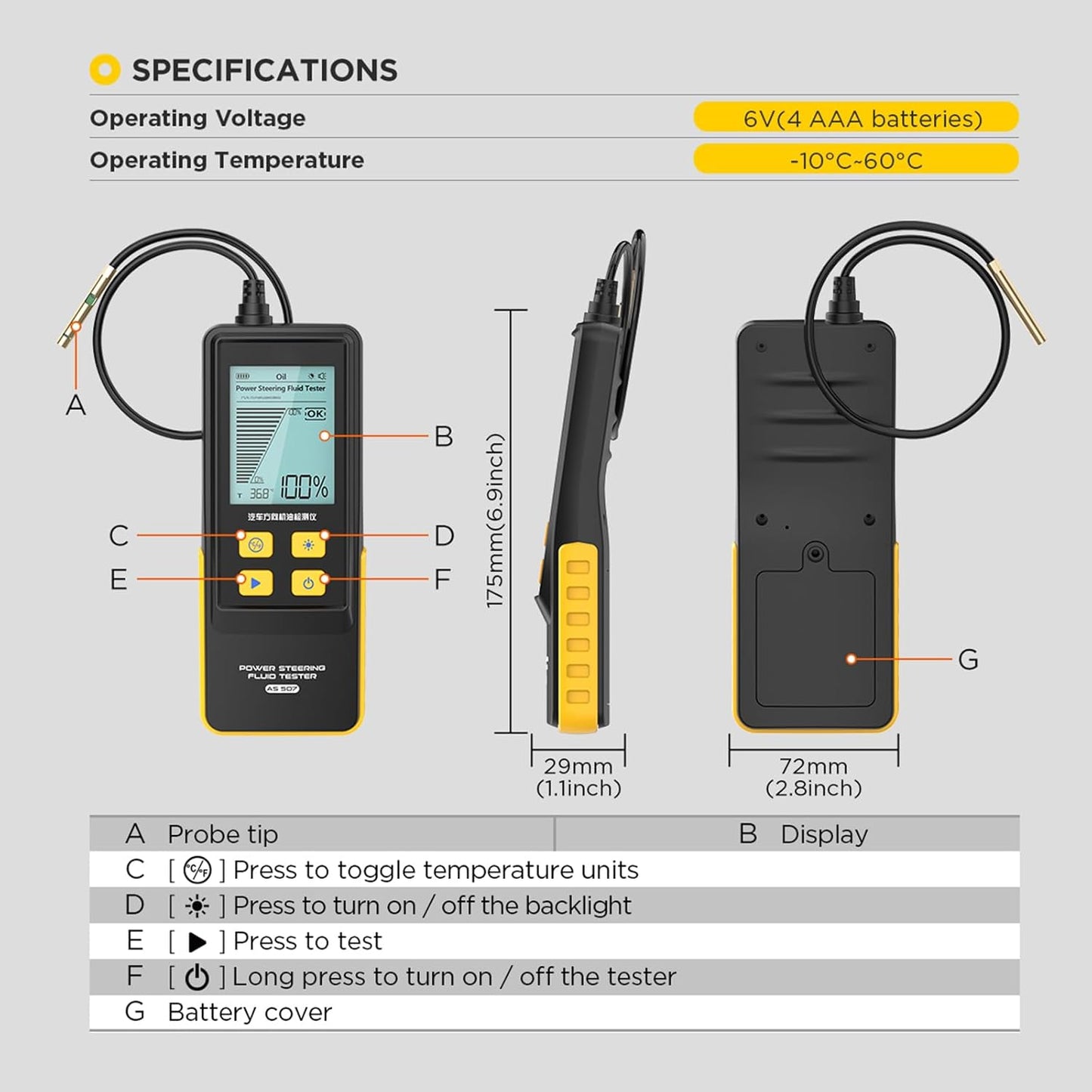 Power Steering Fluid Tester Autool AS507 Automatisk kontrol af servostyrings olie kvalitet, - LifafaDenmark Aps