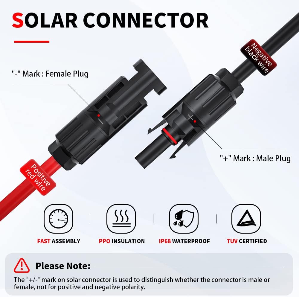 Solar Panel Connector Kabel, Solar Connector til O Ring Solar Panel Adapter Kabel med han- og hunstik