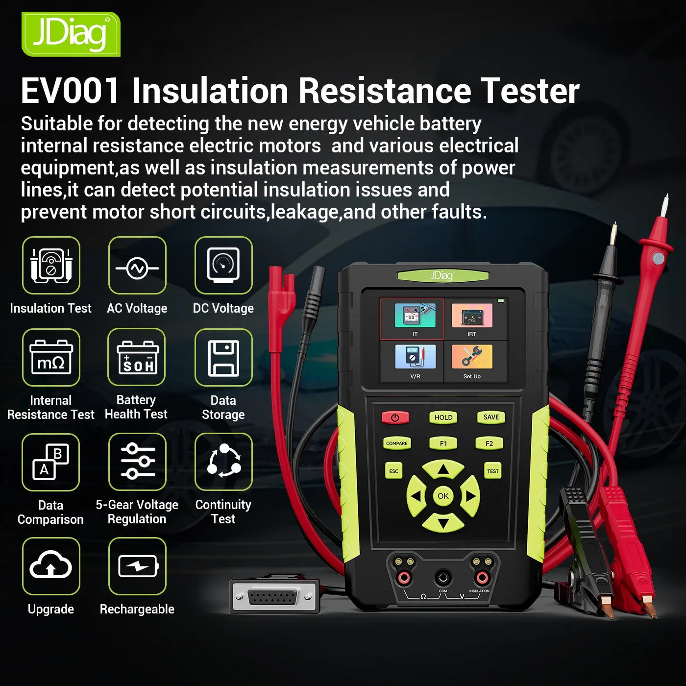JDiag EV001 Isolations  og Modstands tester Specialiseret til Diagnose af Nye Energi biler - LifafaDenmark Aps