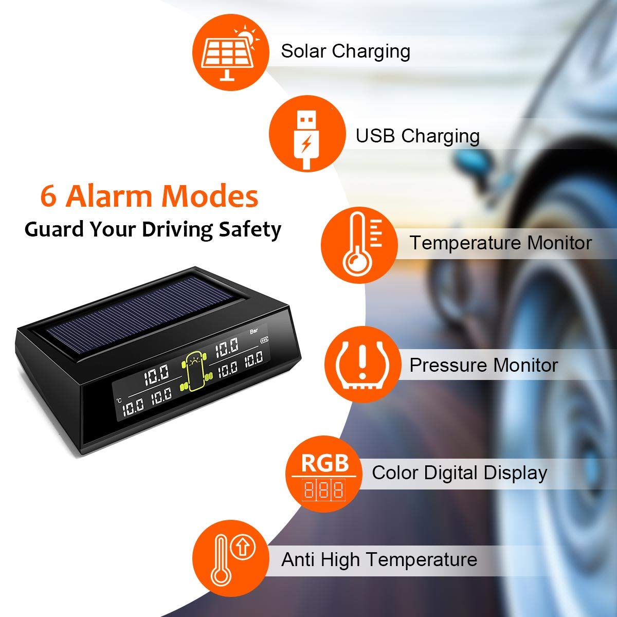 Solar Trådløs TPMS med 6 eksterne sensorer Digital LCD-skærm RV Auto sikkerheds alarm til bil RV Truck Trailer Træk autocamper