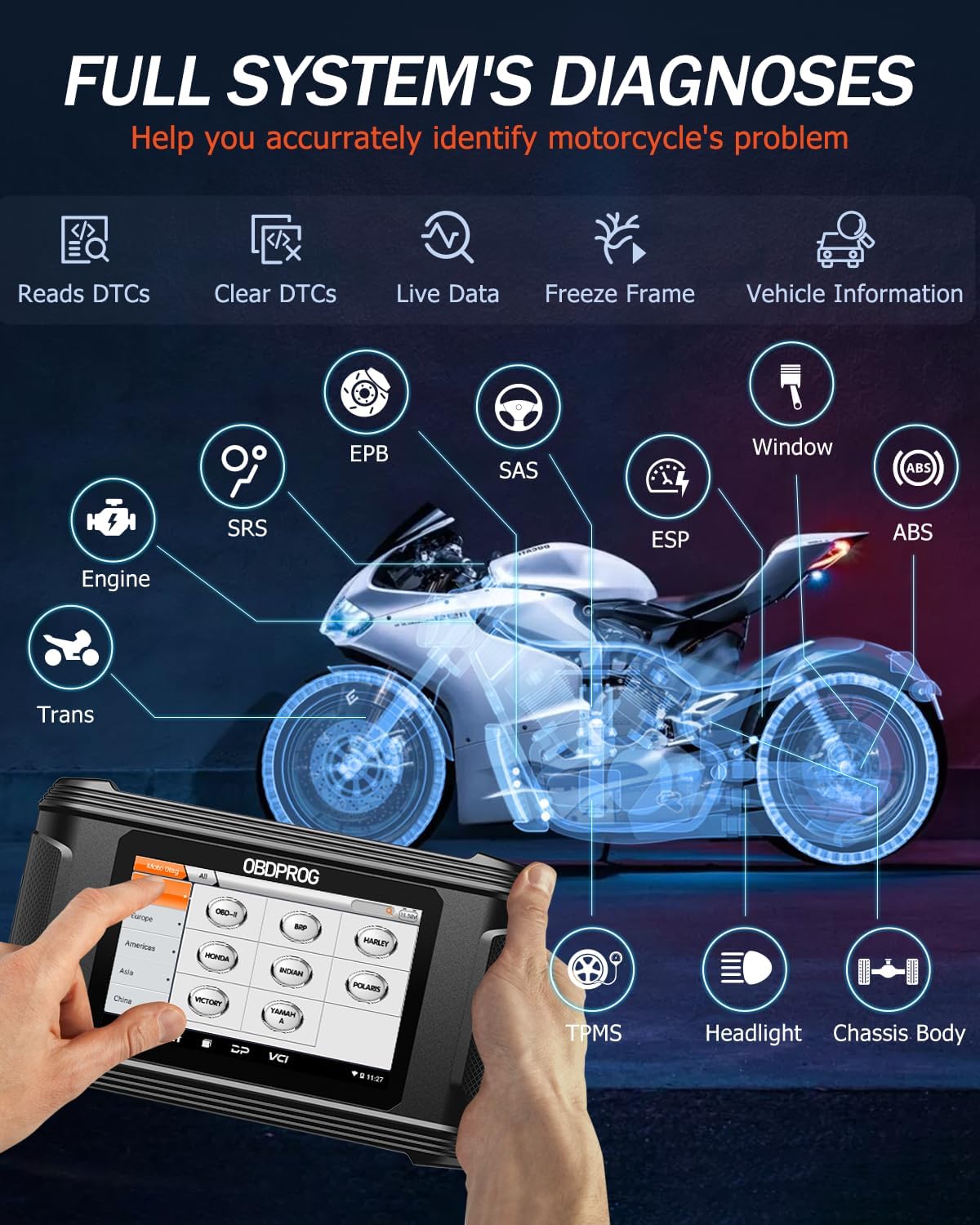 OBDPROG Moto 100 motorcykel diagnose værktøj til Harley, Honda, Yamaha, Polaris, BRP, Indian og Victory - LifafaDenmark Aps
