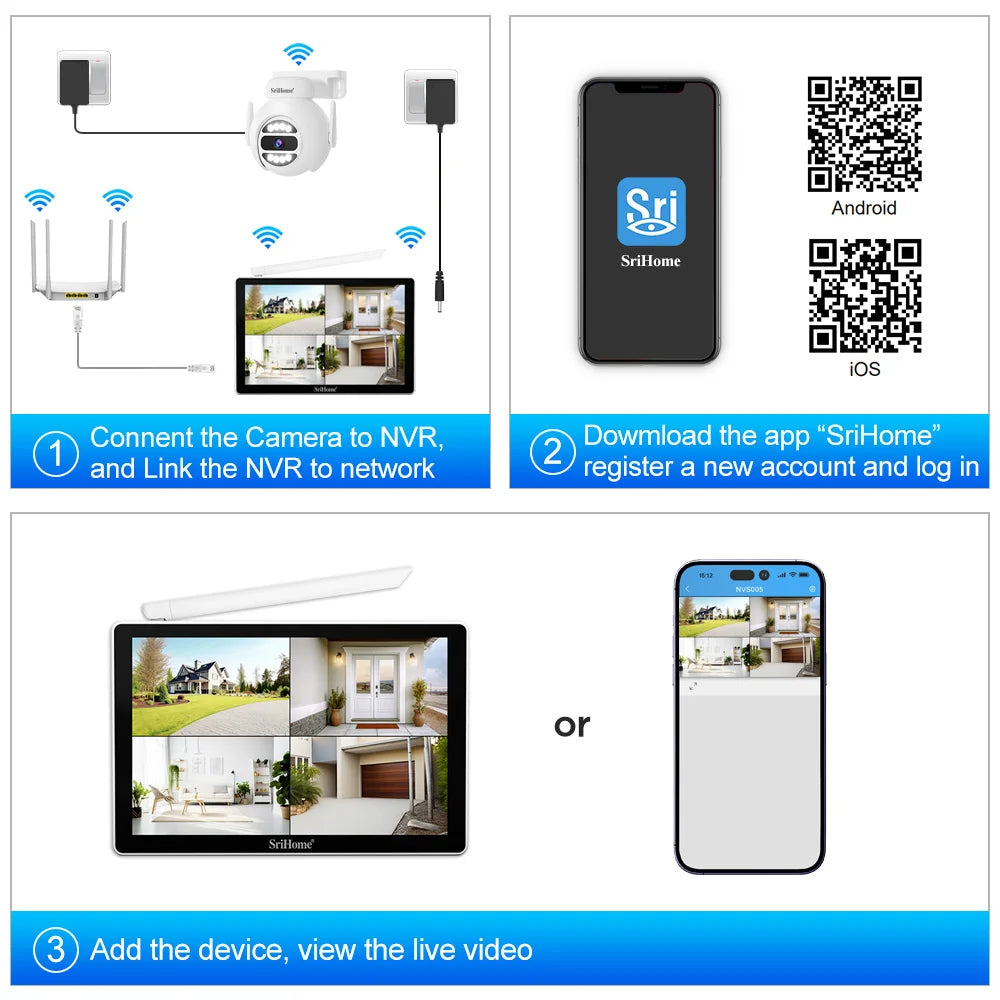 SriHome 5MP trådløst sikkerheds kamera system Nvr Kit med berørings skærm Network Video Recorder overvågnings system
