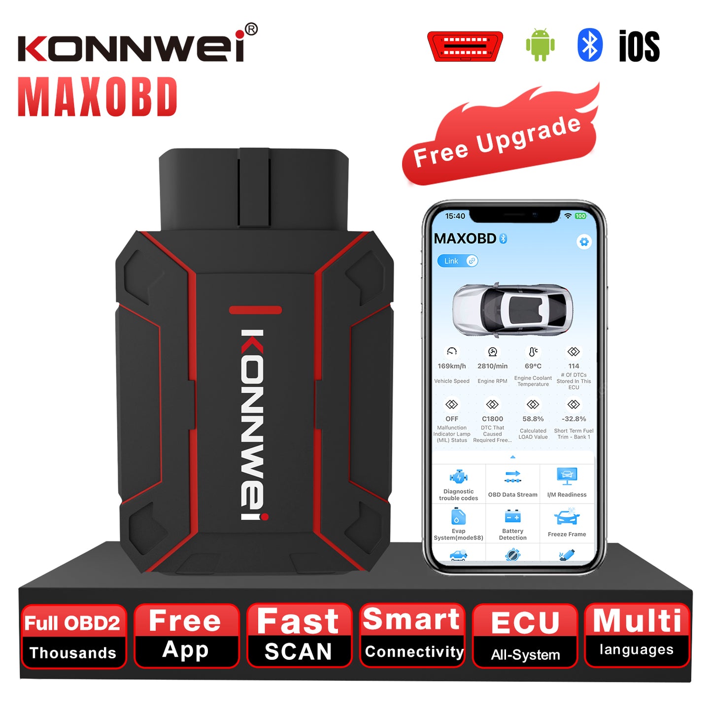 KONNWEI MAXOBD Bluetooth OBD2-scanner til alle køretøjer, bilscanner til alle systeme