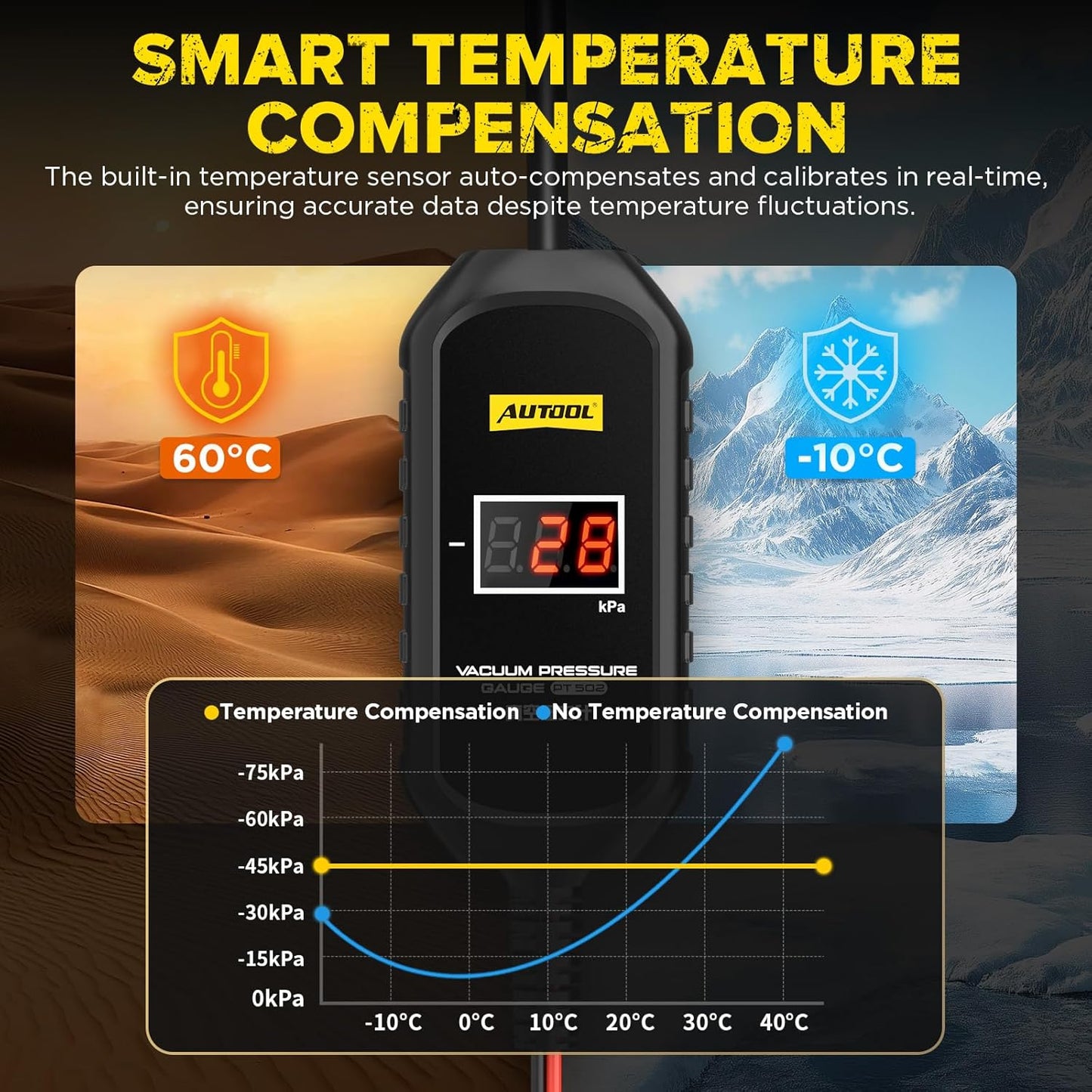 AUTOOL PT502 Digital vakuum tryk måler, bil vakuum lækage tester med temperatur kompensation