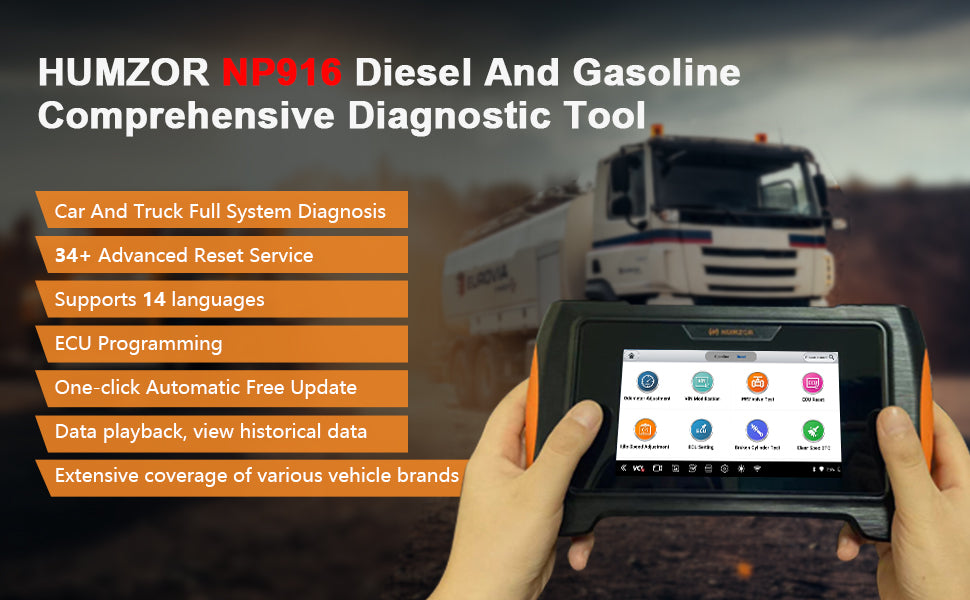 Humzor NP916 Bil og lastbil diagnose værktøj 12V 24V køretøjer OBD2-kode scanner Diesel- og benzin