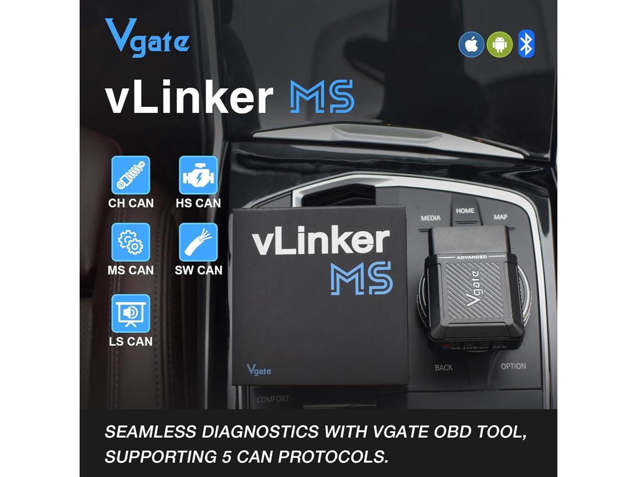 Vgate vLinker MS Bluetooth OBD2 til iPhoneiOS, Android og Windows, understøtter flere CAN-protokoller (GMLAN, MS CAN, CH CAN, LS CAN)