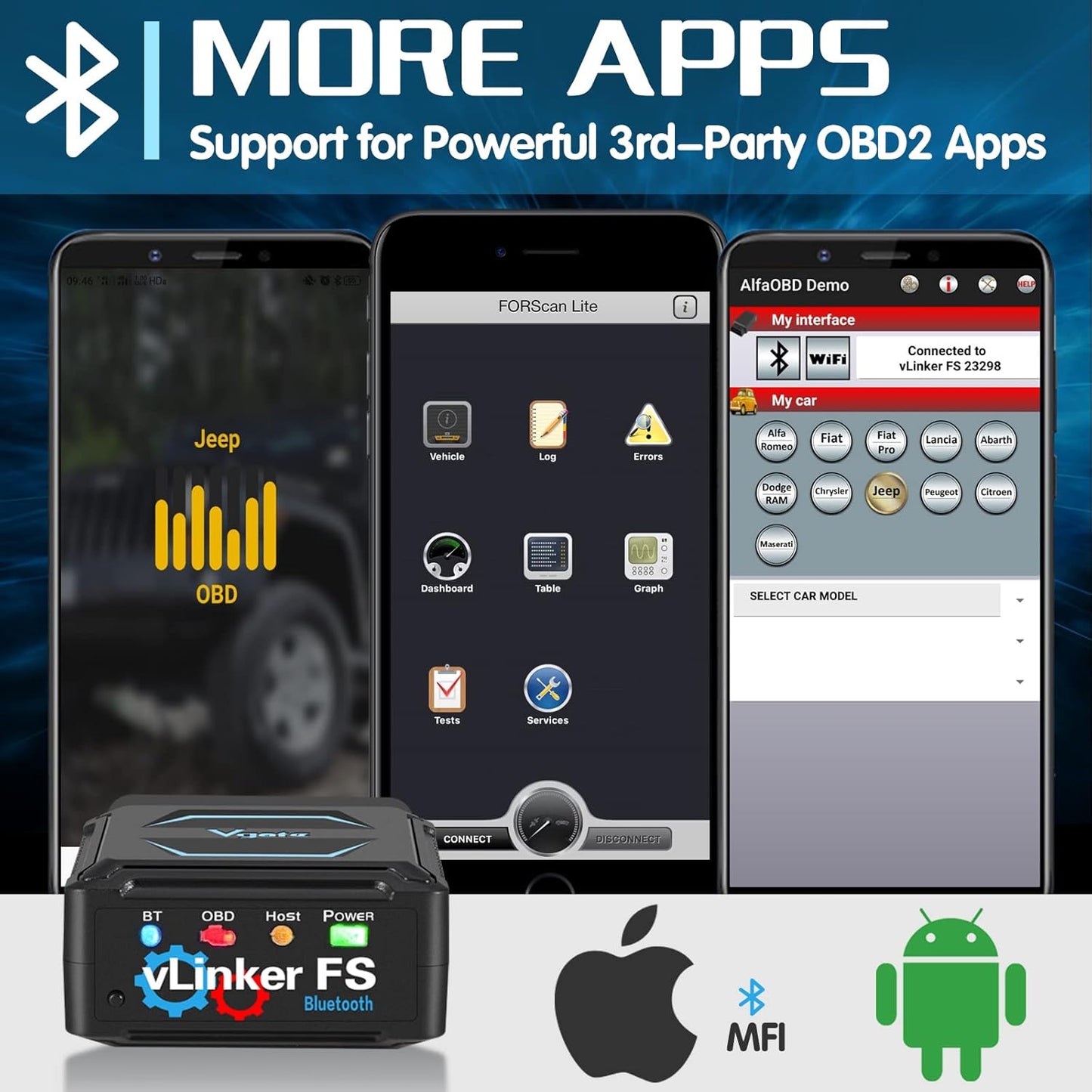 Vgate vLinker FS Bluetooth OBD2 diagnostisk scannings værktøj til Forscan, Scan My Tesla appen osv. - LifafaDenmark Aps