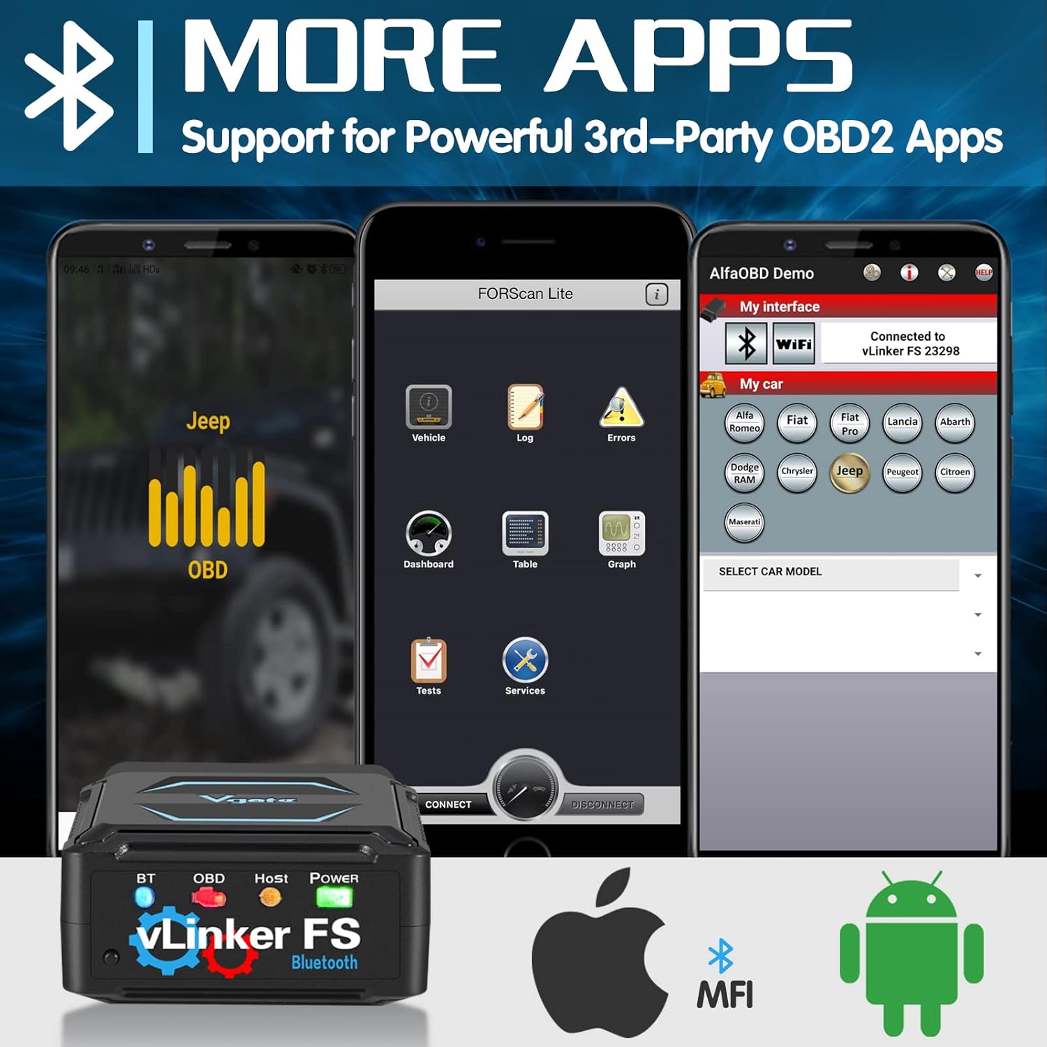 Vgate vLinker FS Bluetooth OBD2 diagnostisk scannings værktøj til Forscan, Scan My Tesla appen osv. - LifafaDenmark Aps