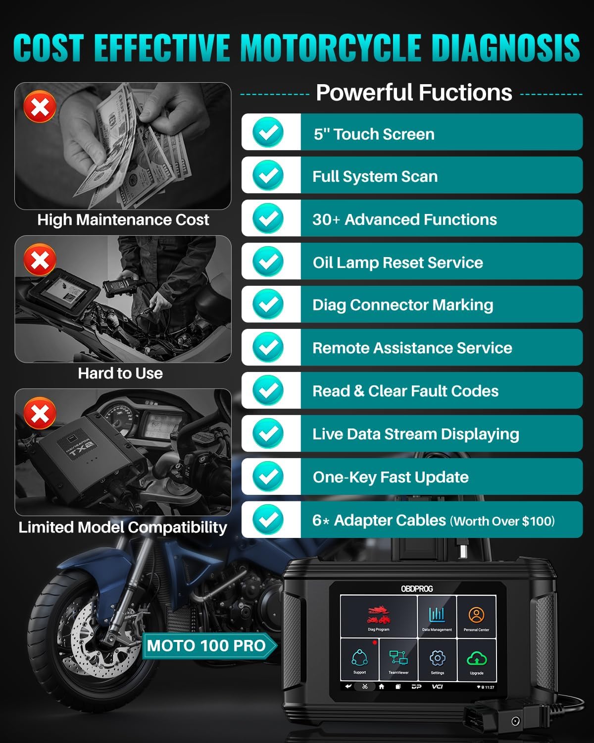 OBDPROG MOTO100 Motorcykel ECU Kodning Programmering Scanner Diagnostic Tool - LifafaDenmark Aps