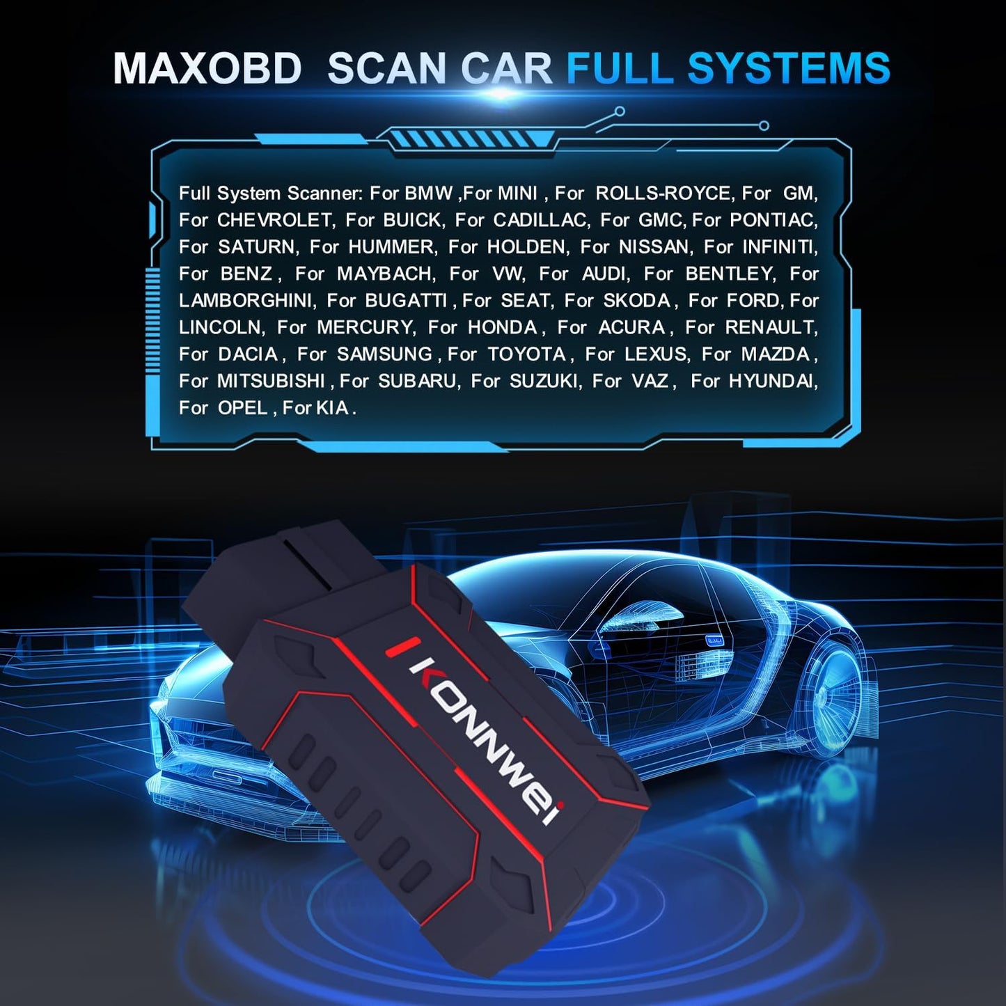KONNWEI MAXOBD Bluetooth OBD2-scanner til alle køretøjer, bilscanner til alle systeme