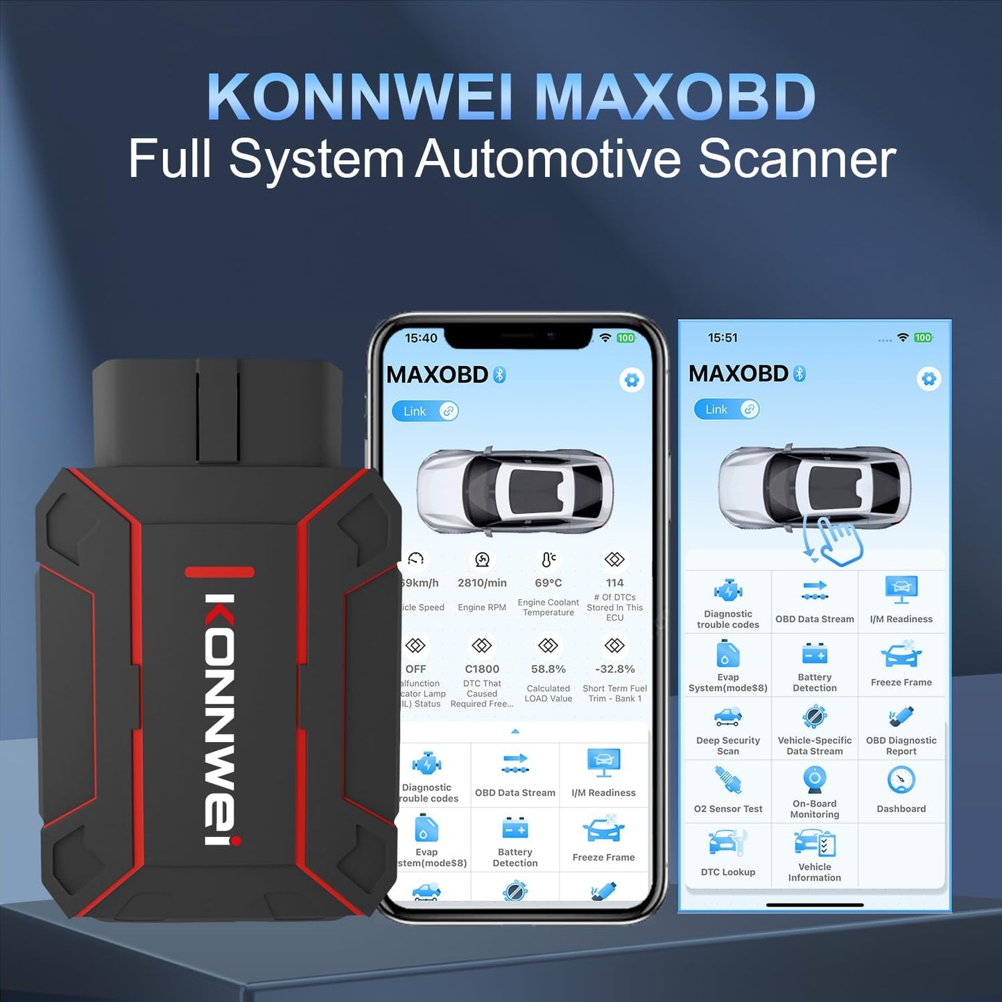 KONNWEI MAXOBD Bluetooth OBD2-scanner til alle køretøjer, bilscanner til alle systeme