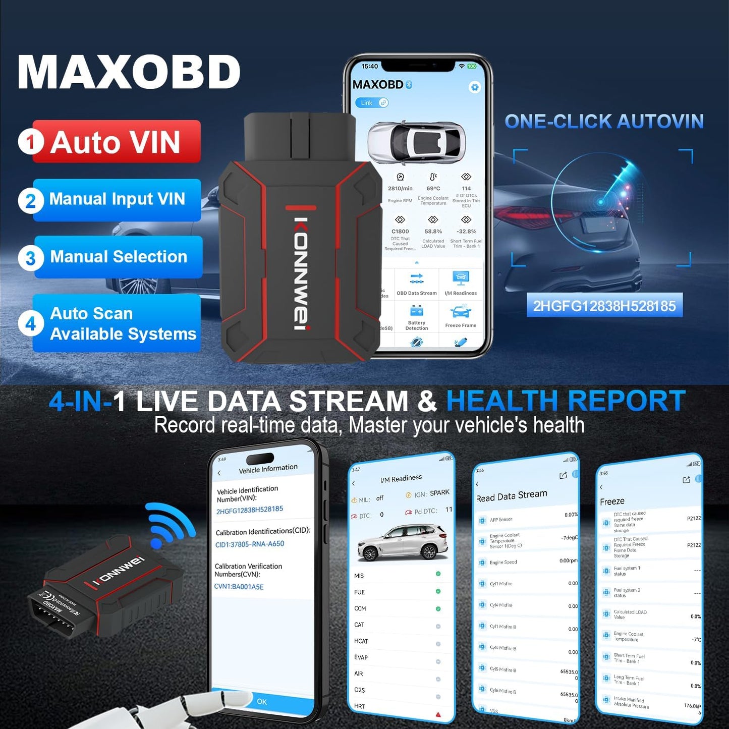 KONNWEI MAXOBD Bluetooth OBD2-scanner til alle køretøjer, bilscanner til alle systeme