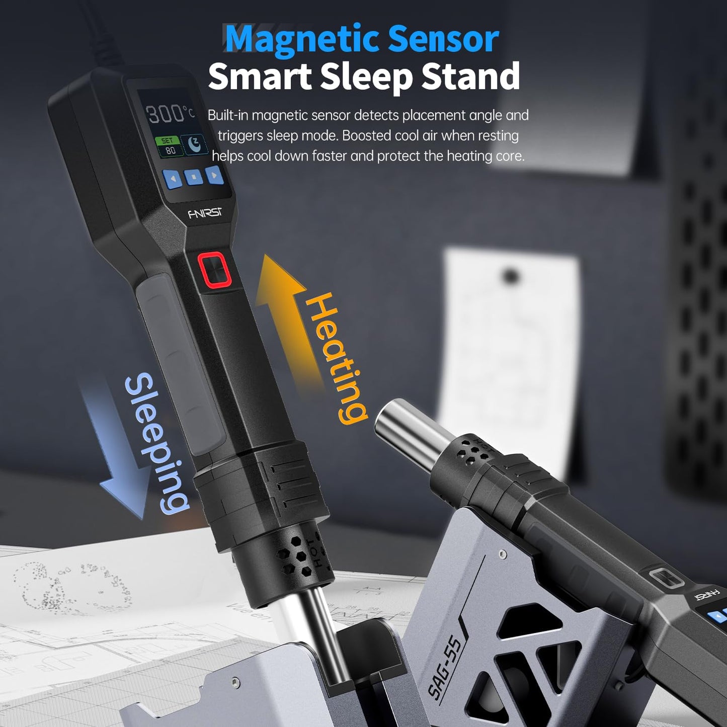 FNIRSI SAG-55 Mikro Varmluftpistol 550W Med Stativ BGA Rework LCD Digital Hårtørrer Loddevarme pistol - LifafaDenmark Aps