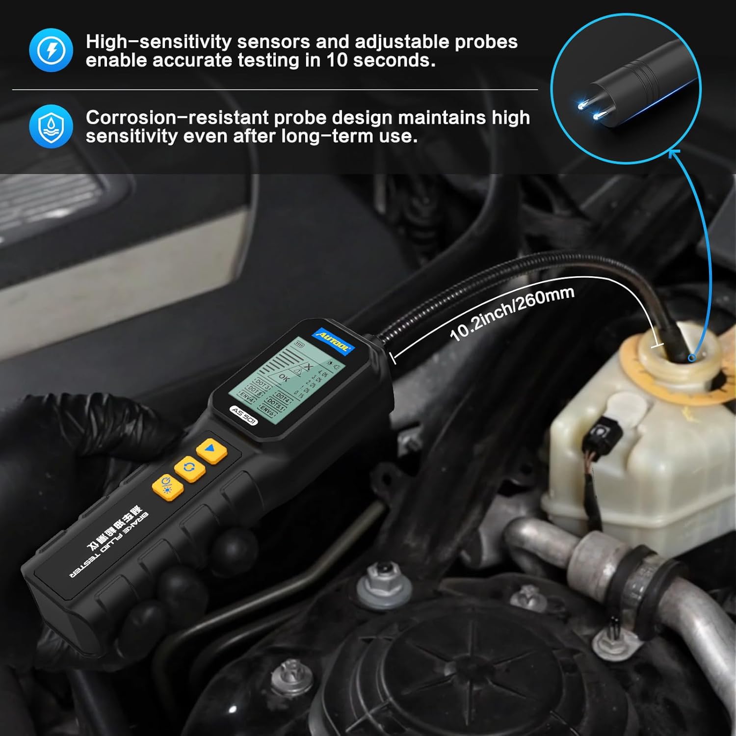 AUTOOL AS501 Brake Fluid Tester, Brake Fluid Moisture Detector with 10-Inch Corrosion Resistance Prob - LifafaDenmark Aps